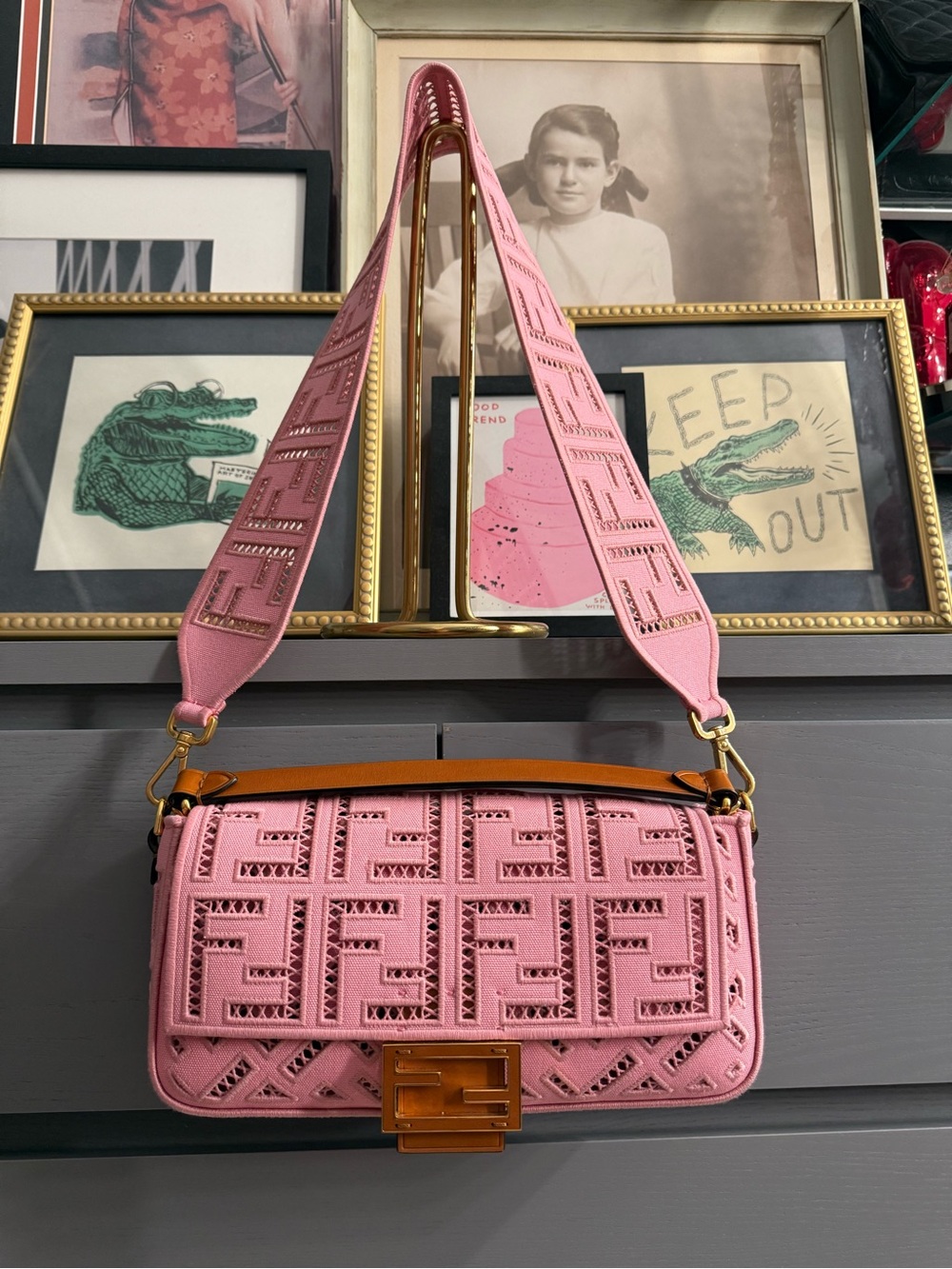 Fendi Pink Eyelet FF Baguette Shoulder Bag with Gold Hardware